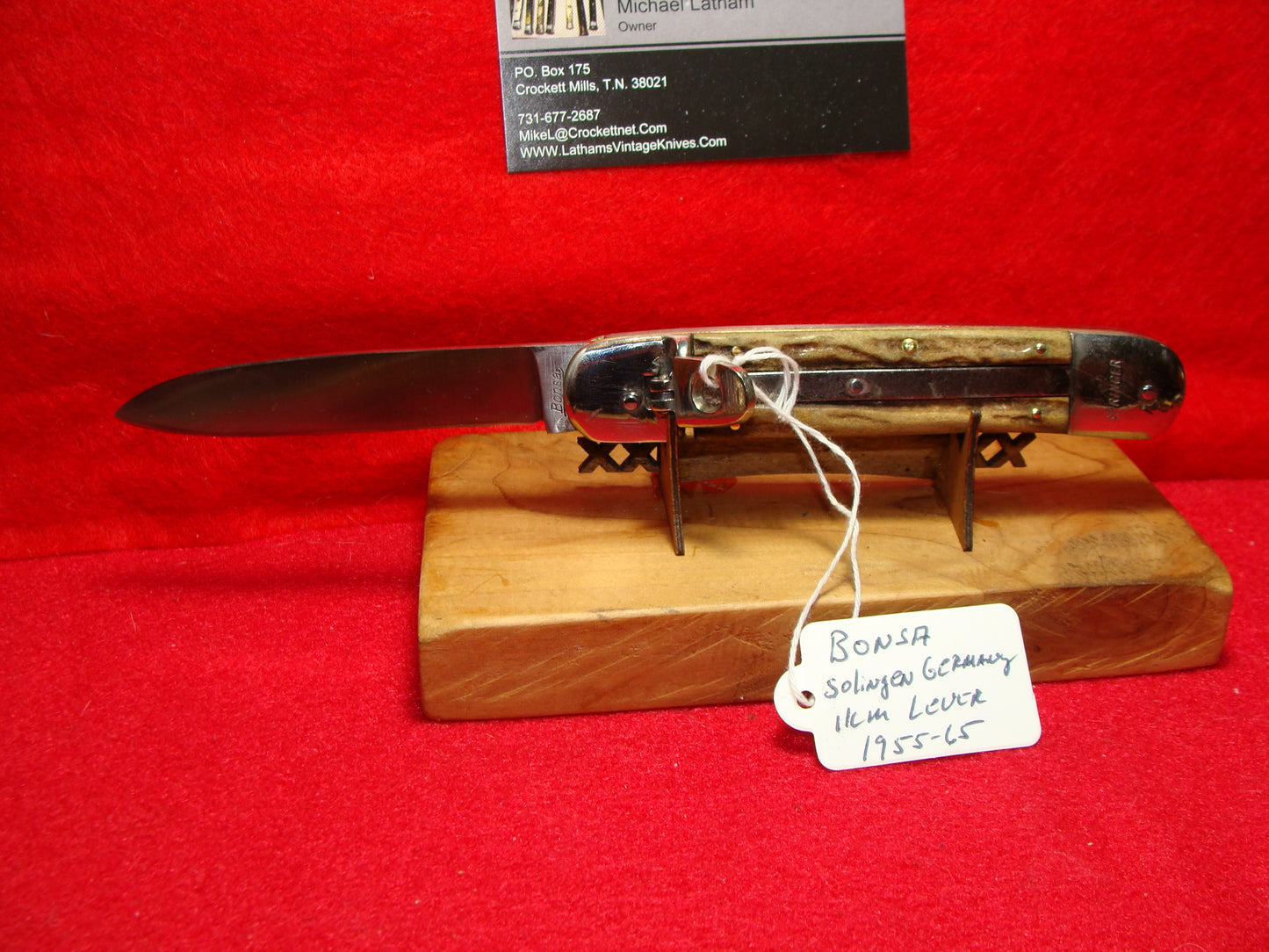 BONSA SOLINGEN GERMANY 1955-65 LEVER AUTOMATIC SPRINGER 11 CM GERMAN AUTOMATIC KNIFE STAG HANDLES