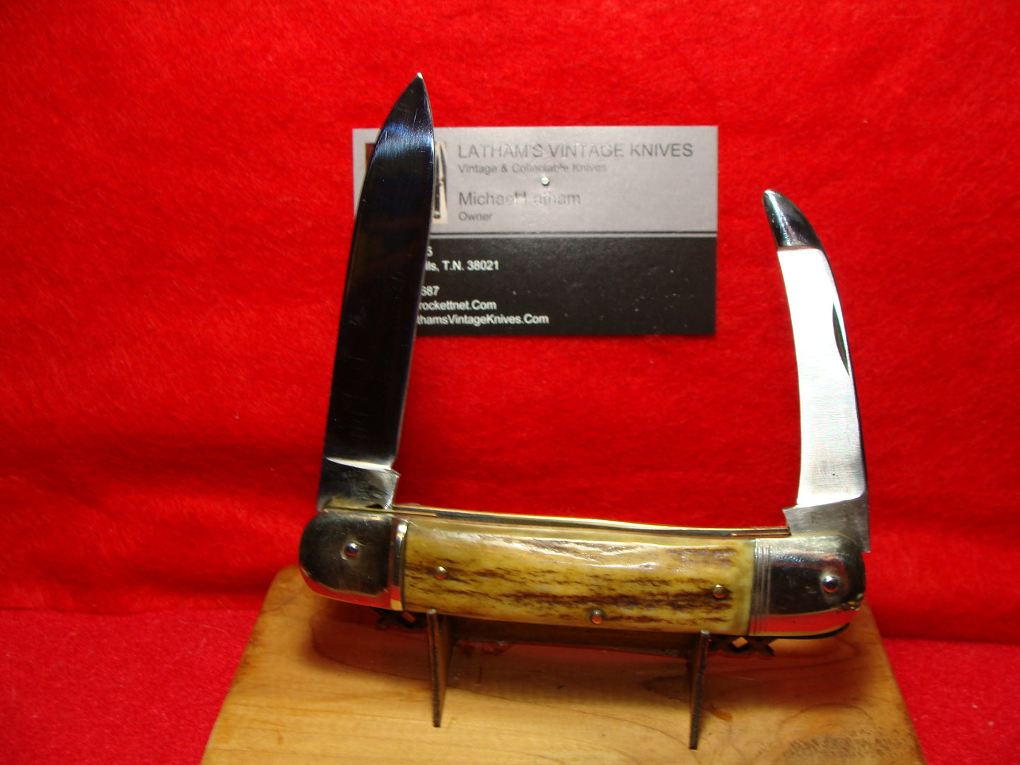 BONSA SOLINGEN GERMANY 1960-65 LEVER AUTOMATIC DOUBLE BLADE WITH GUT HOOK 11 CM GERMAN AUTOMATIC KNIFE STAG HANDLES