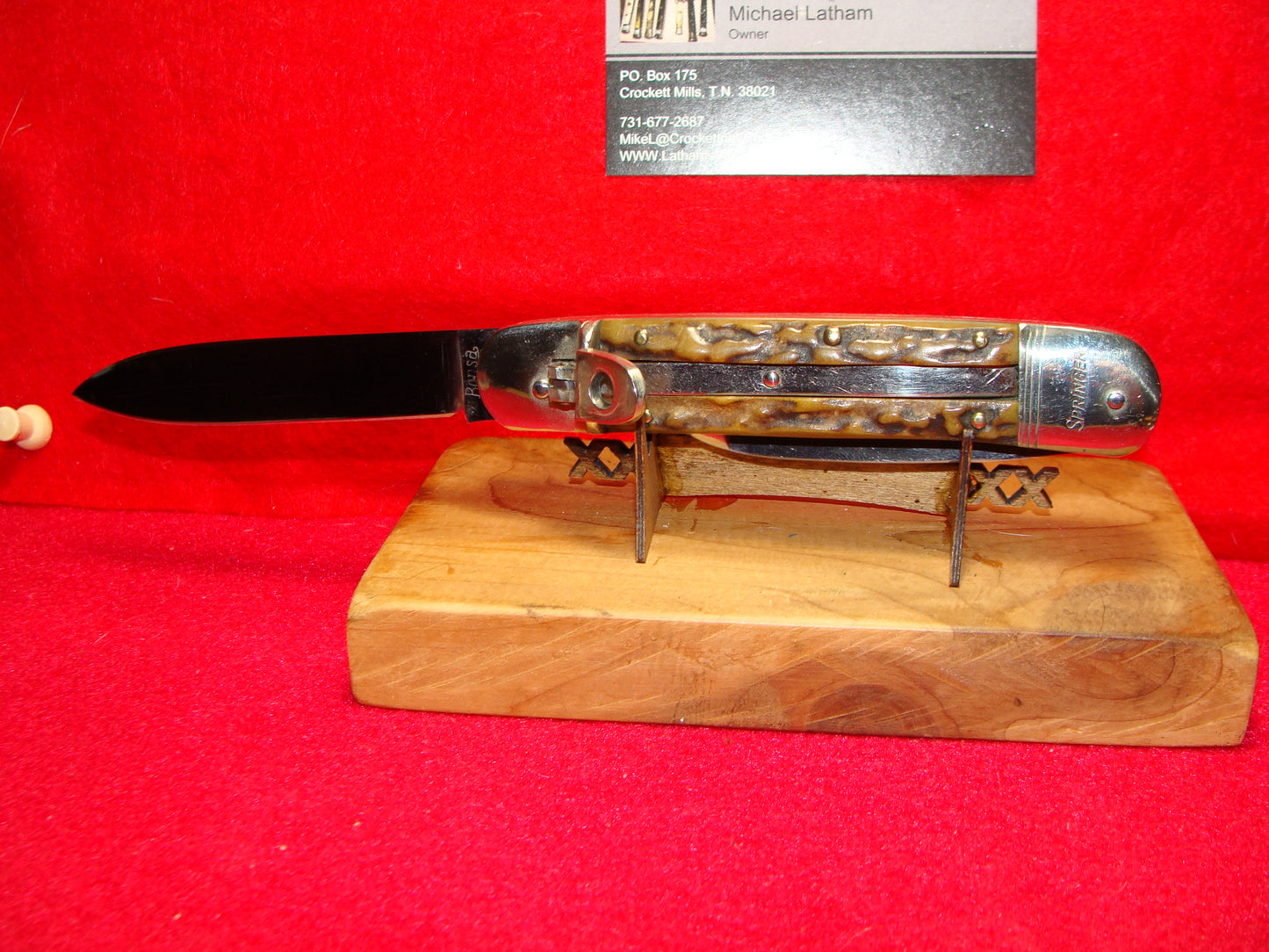 BONSA SOLINGEN GERMANY 1960-65 LEVER AUTOMATIC DOUBLE BLADE WITH GUT HOOK 11 CM GERMAN AUTOMATIC KNIFE STAG HANDLES