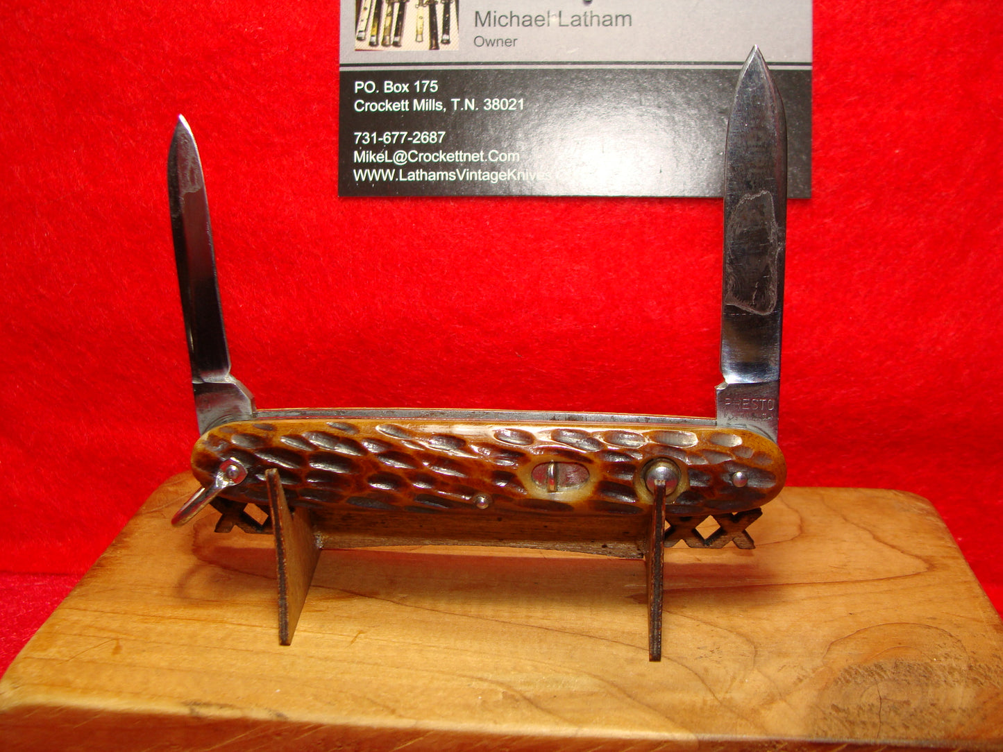 PRESTO GEO. SCHRADE CUT BRIDGEPORT CONN. 1929-56 DOUBLE BLADE GIRL SCOUT AMERICAN AUTOMATIC KNIFE BROWN BONE HANDLES