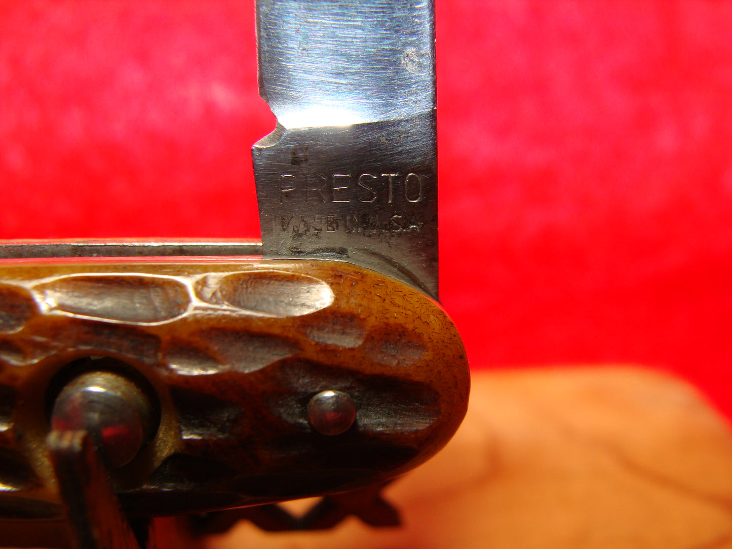 PRESTO GEO. SCHRADE CUT BRIDGEPORT CONN. 1929-56 DOUBLE BLADE GIRL SCOUT AMERICAN AUTOMATIC KNIFE BROWN BONE HANDLES