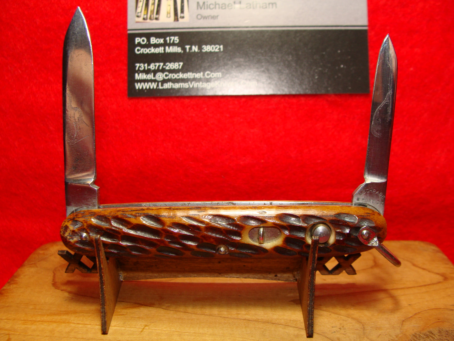 PRESTO GEO. SCHRADE CUT BRIDGEPORT CONN. 1929-56 DOUBLE BLADE GIRL SCOUT AMERICAN AUTOMATIC KNIFE BROWN BONE HANDLES