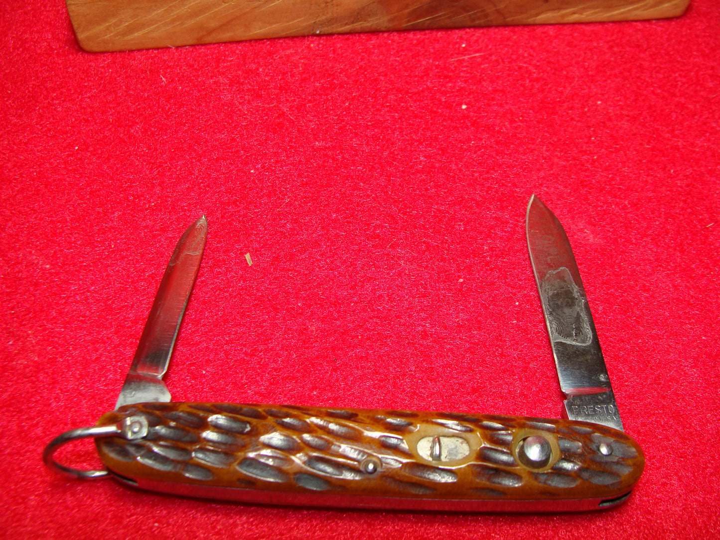 PRESTO GEO. SCHRADE CUT BRIDGEPORT CONN. 1929-56 DOUBLE BLADE GIRL SCOUT AMERICAN AUTOMATIC KNIFE BROWN BONE HANDLES