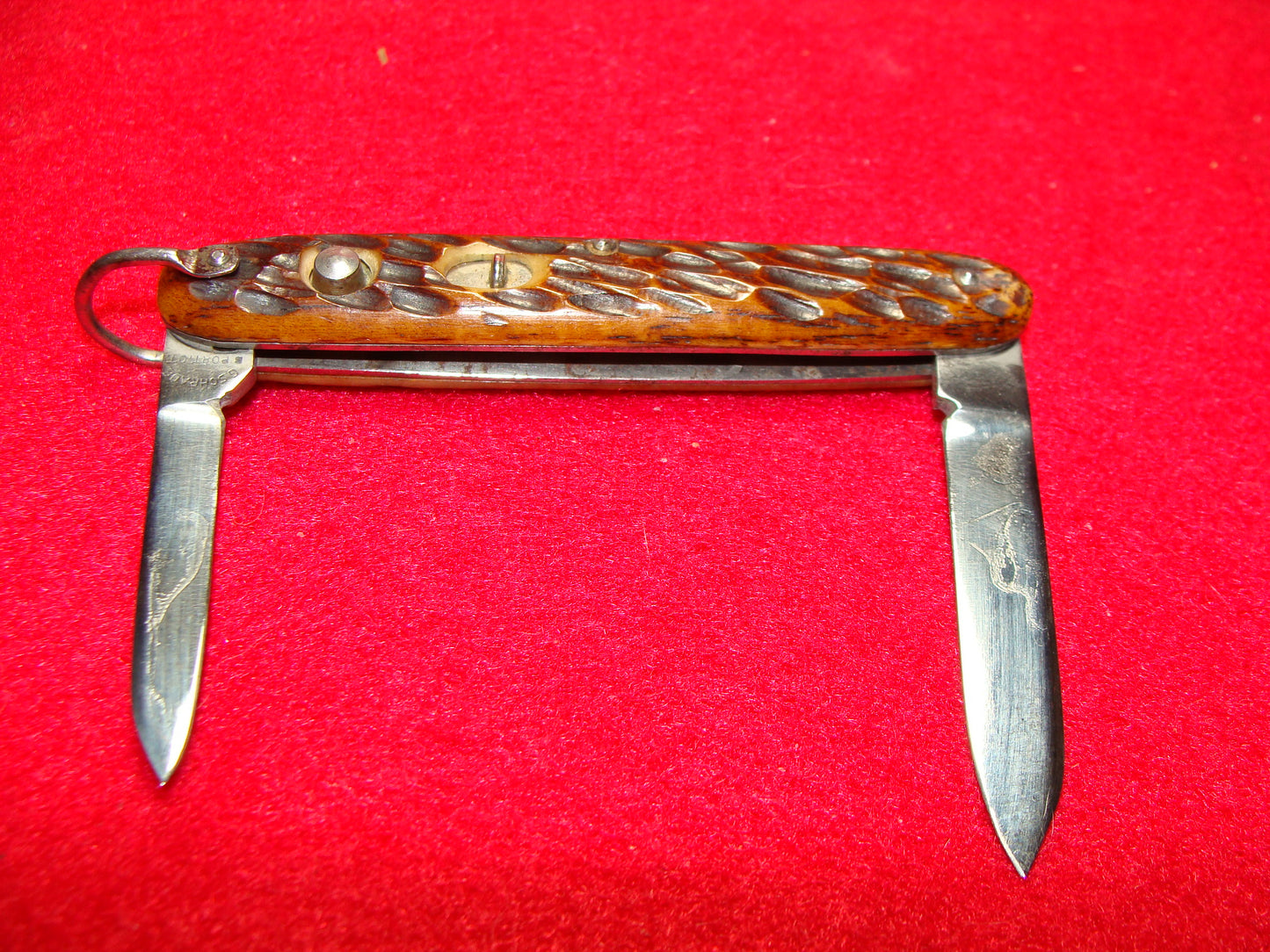 PRESTO GEO. SCHRADE CUT BRIDGEPORT CONN. 1929-56 DOUBLE BLADE GIRL SCOUT AMERICAN AUTOMATIC KNIFE BROWN BONE HANDLES