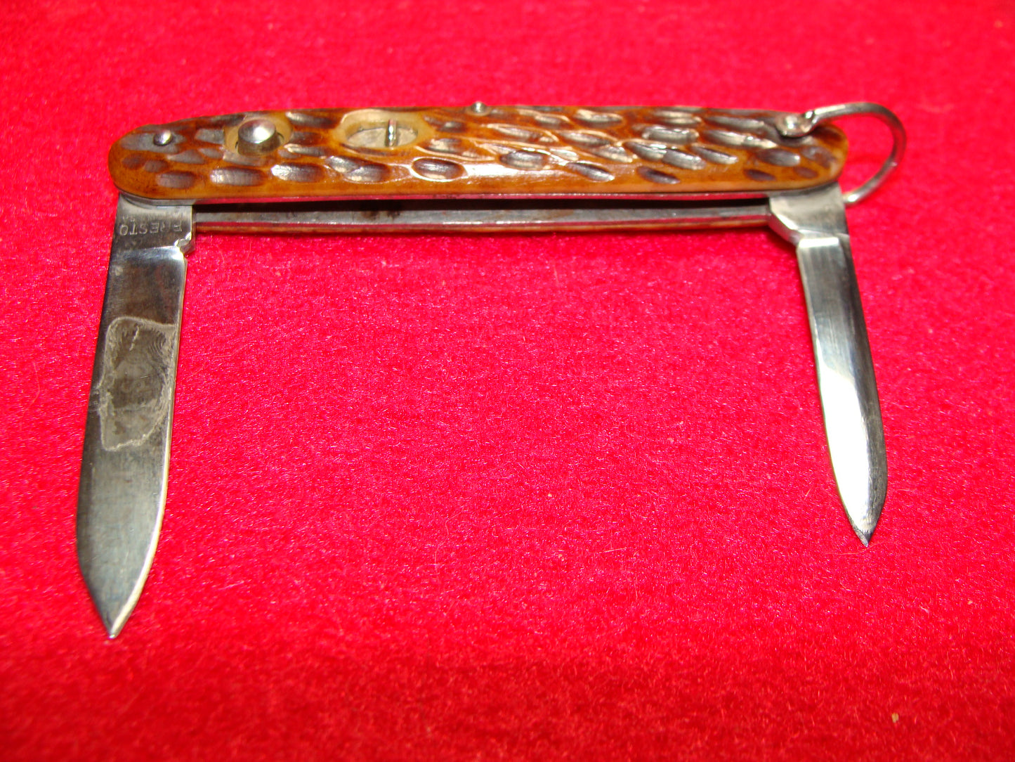 PRESTO GEO. SCHRADE CUT BRIDGEPORT CONN. 1929-56 DOUBLE BLADE GIRL SCOUT AMERICAN AUTOMATIC KNIFE BROWN BONE HANDLES