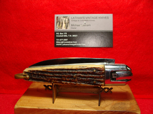 INOX RECESSED LEVER FRENCH 1965-75 MEDIUM COFFIN LEVER AUTOMATIC 9" FRENCH AUTOMATIC KNIFE BROWN JIGGED BONE HANDLES