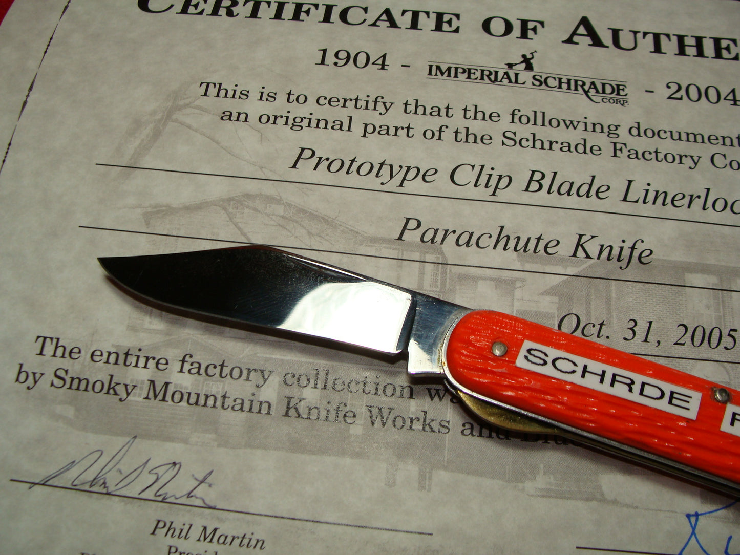 SCHRADE WALDEN NY 1946-76 PROTOTYPE CLIP FOLDING BLADE LINER LOCK PARACHUTE NON AUTOMATIC KNIFE ORANGE DELRIN PART OF THE SCHRADE FACTORY COLLECTION