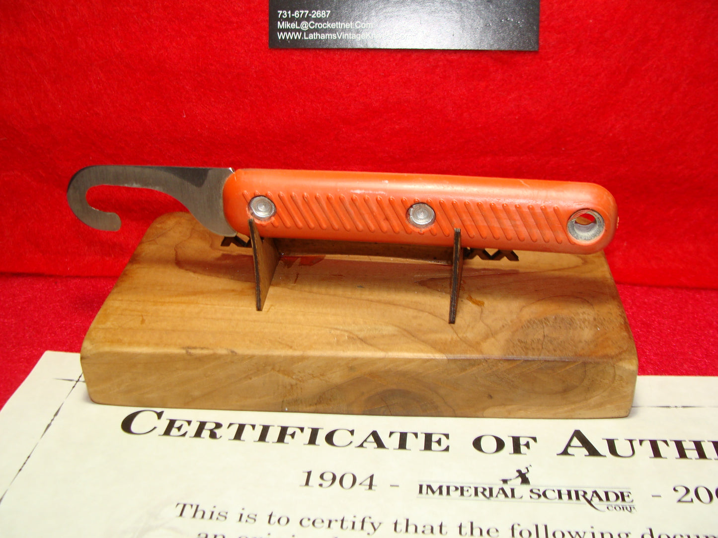 SCHRADE WALDEN 1946-76 FIXED BLADE SHROUD CUTTER NON AUTOMATIC MILITARY ORANGE DELRIN HANDLES PART OF THE SCHRADE FACTORY COLLECTION