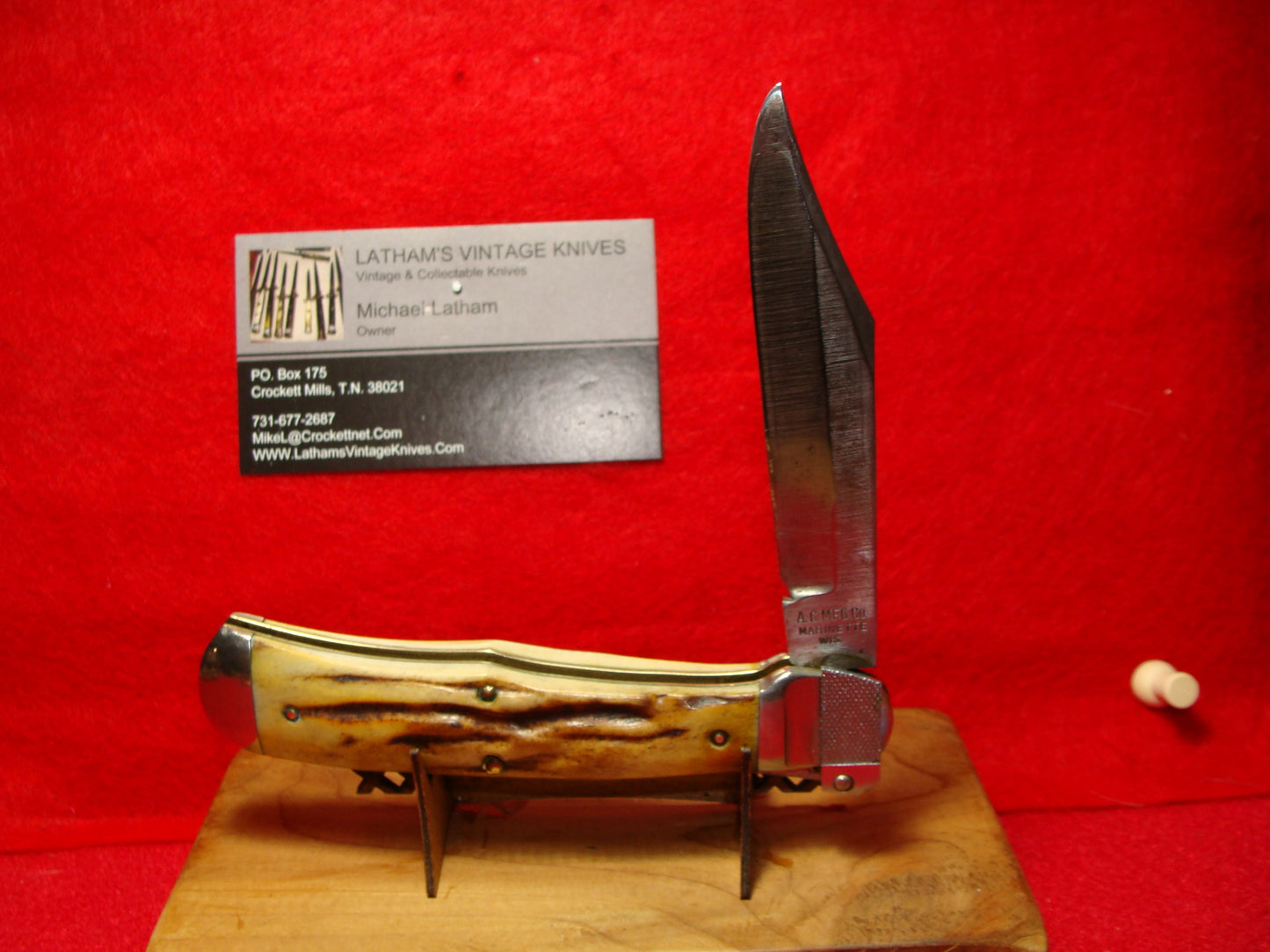 A.C. MFG CO. PAT. 1916 MARINETTE WIS. LEVER AUTOMATIC AERIAL KNIFE CO. VINTAGE AMERICAN AUTOMATIC KNIFE STAG HANDLES