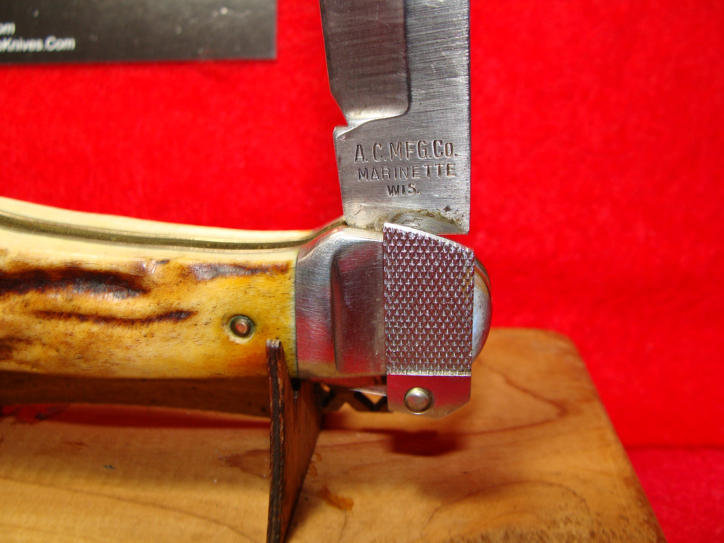 A.C. MFG CO. PAT. 1916 MARINETTE WIS. LEVER AUTOMATIC AERIAL KNIFE CO. VINTAGE AMERICAN AUTOMATIC KNIFE STAG HANDLES