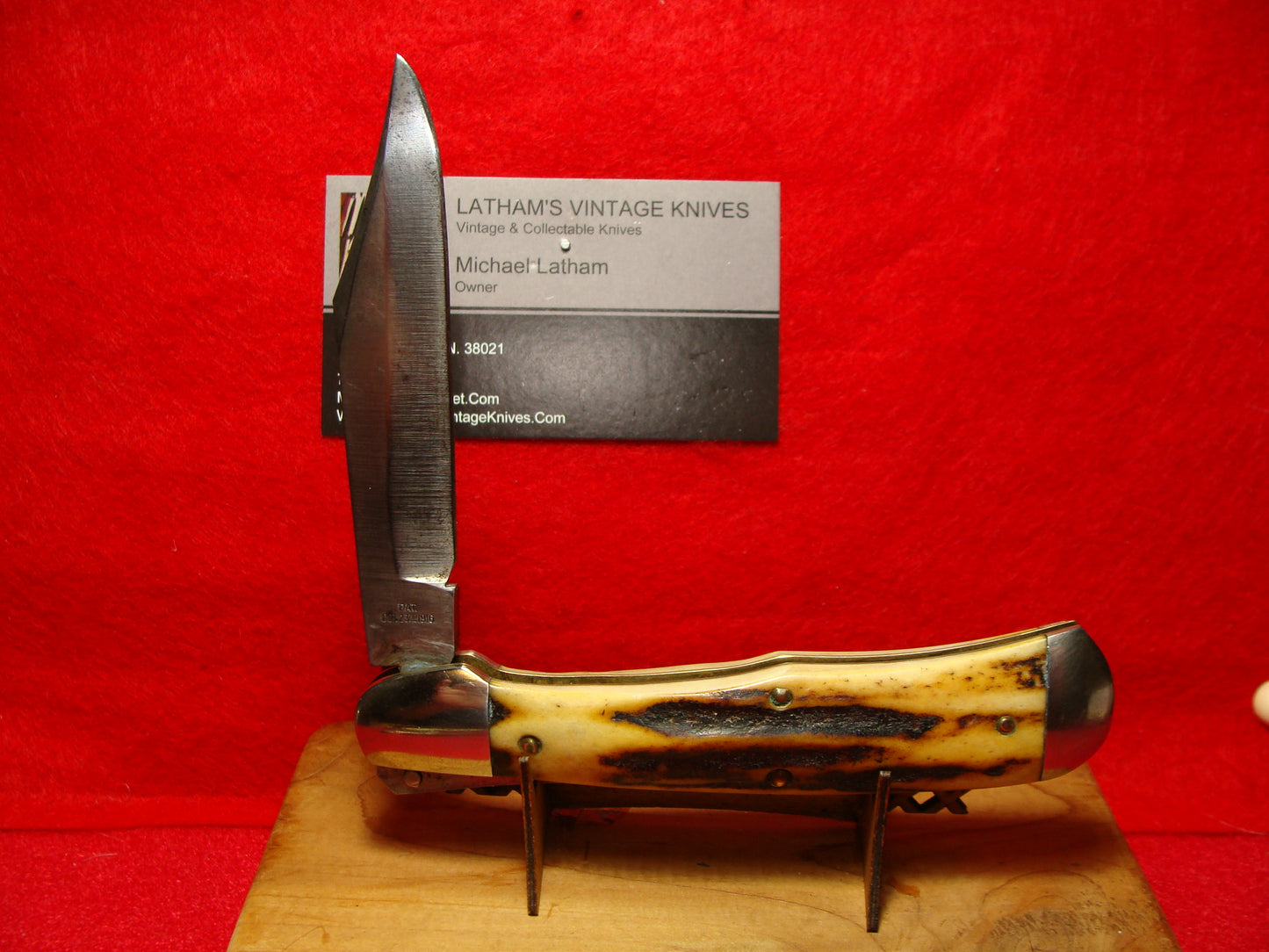 A.C. MFG CO. PAT. 1916 MARINETTE WIS. LEVER AUTOMATIC AERIAL KNIFE CO. VINTAGE AMERICAN AUTOMATIC KNIFE STAG HANDLES