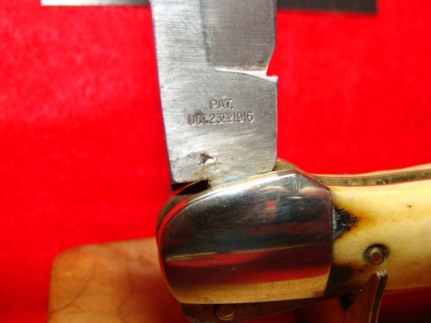 A.C. MFG CO. PAT. 1916 MARINETTE WIS. LEVER AUTOMATIC AERIAL KNIFE CO. VINTAGE AMERICAN AUTOMATIC KNIFE STAG HANDLES