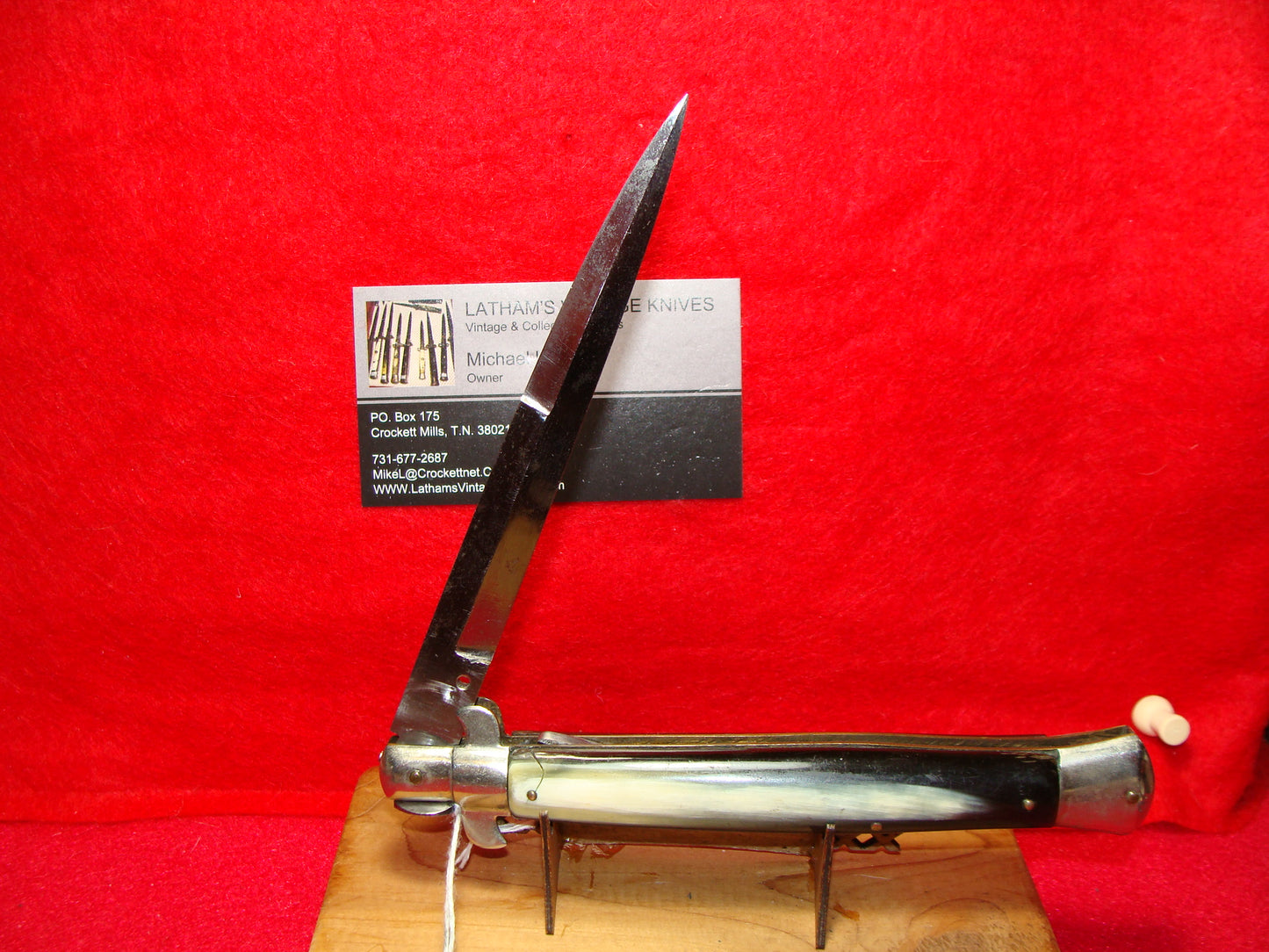 MANIAGO ITALY 1920-35 PICK LOCK FLAT GUARD STILETTO 28 CM ITALIAN AUTOMATIC KNIFE BUFFALO HORN HANDLES