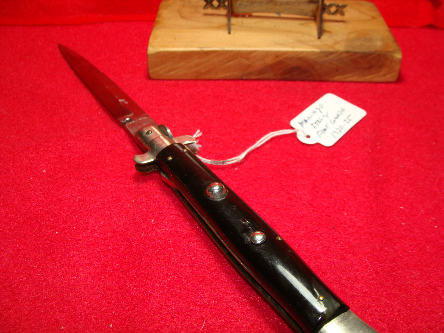 MANIAGO ITALY 1920-35 PICK LOCK FLAT GUARD STILETTO 28 CM ITALIAN AUTOMATIC KNIFE BUFFALO HORN HANDLES