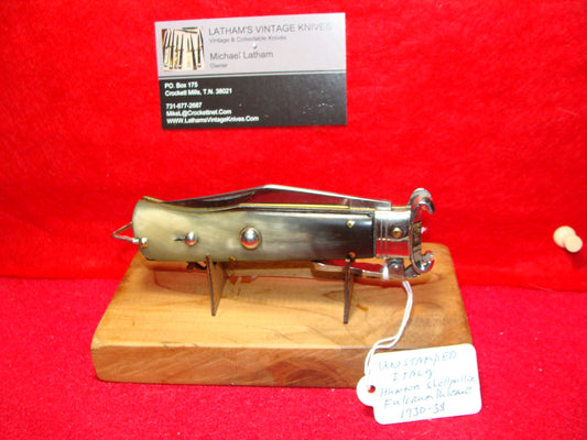 UNSTAMPED "STERILE" ITALY 1945-48 HUNTER FULCRUM RELEASE SHELL PULLER ITALIAN AUTOMATIC KNIFE BUFFALO HORN HANDLES