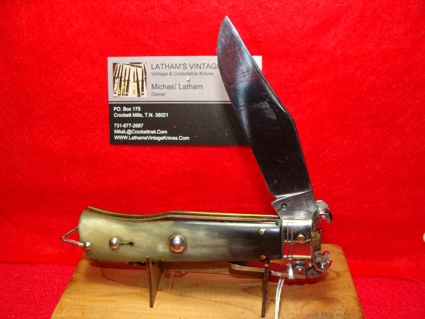 UNSTAMPED "STERILE"  ITALY 1945-48 HUNTER FULCRUM RELEASE SHELL PULLER ITALIAN AUTOMATIC KNIFE BUFFALO HORN HANDLES