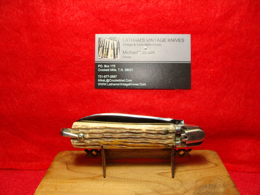 MAKINOX FRENCH 1960-70 LEVER AUTOMATIC FRENCH AUTOMATIC KNIFE JIGGED BONE HANDLES