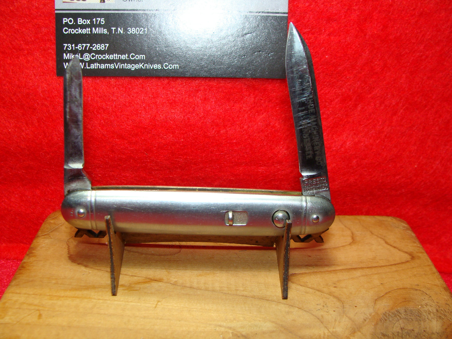 PRESTO, GEO SCHRADE CUT BRIDGEPORT CONN. 1929-56 DOUBLE BLADE 3 3/8" AMERICAN AUTOMATIC KNIFE ALL METAL HANDLES