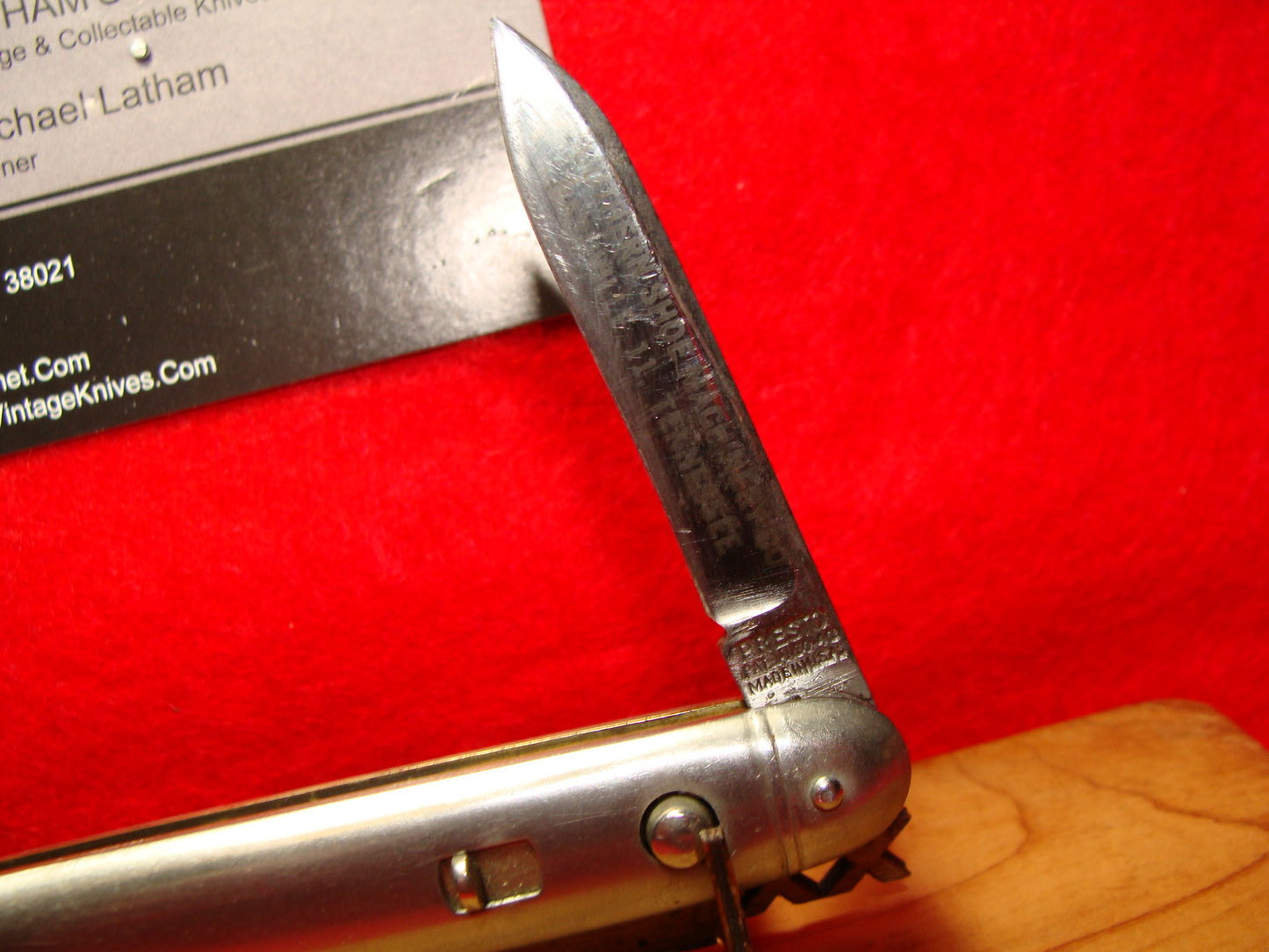 PRESTO, GEO SCHRADE CUT BRIDGEPORT CONN. 1929-56 DOUBLE BLADE 3 3/8" AMERICAN AUTOMATIC KNIFE ALL METAL HANDLES