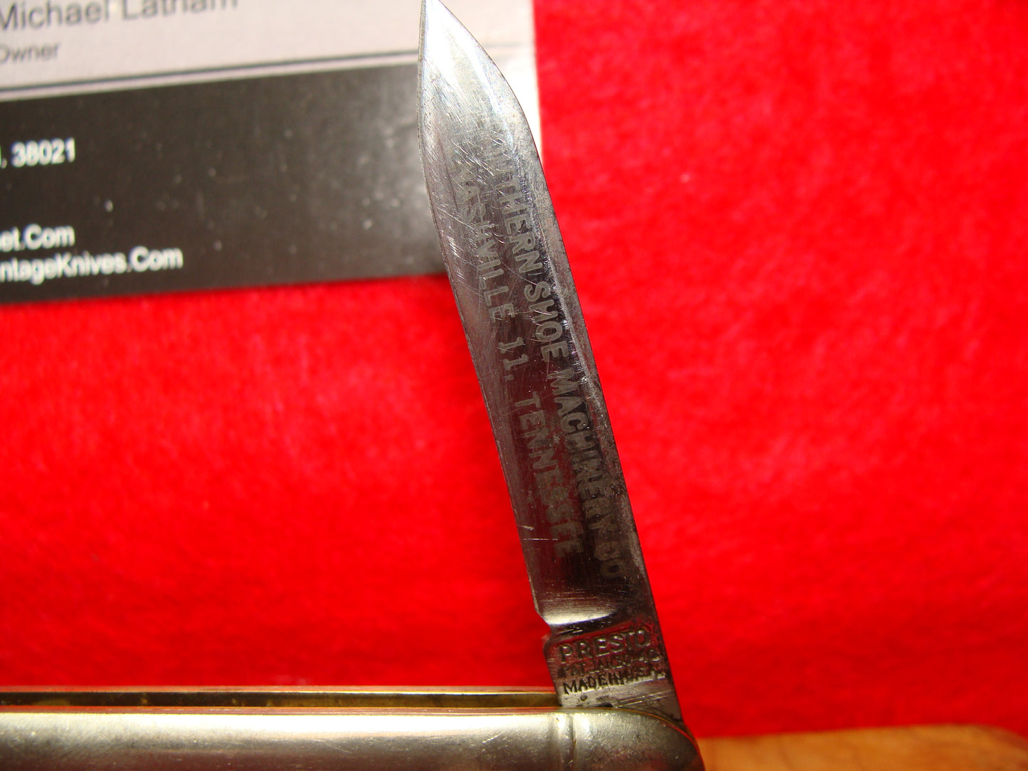 PRESTO, GEO SCHRADE CUT BRIDGEPORT CONN. 1929-56 DOUBLE BLADE 3 3/8" AMERICAN AUTOMATIC KNIFE ALL METAL HANDLES