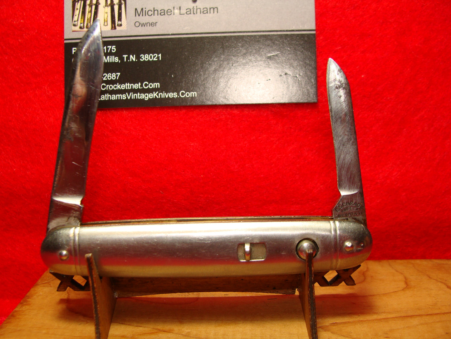 PRESTO, GEO SCHRADE CUT BRIDGEPORT CONN. 1929-56 DOUBLE BLADE 3 3/8" AMERICAN AUTOMATIC KNIFE ALL METAL HANDLES